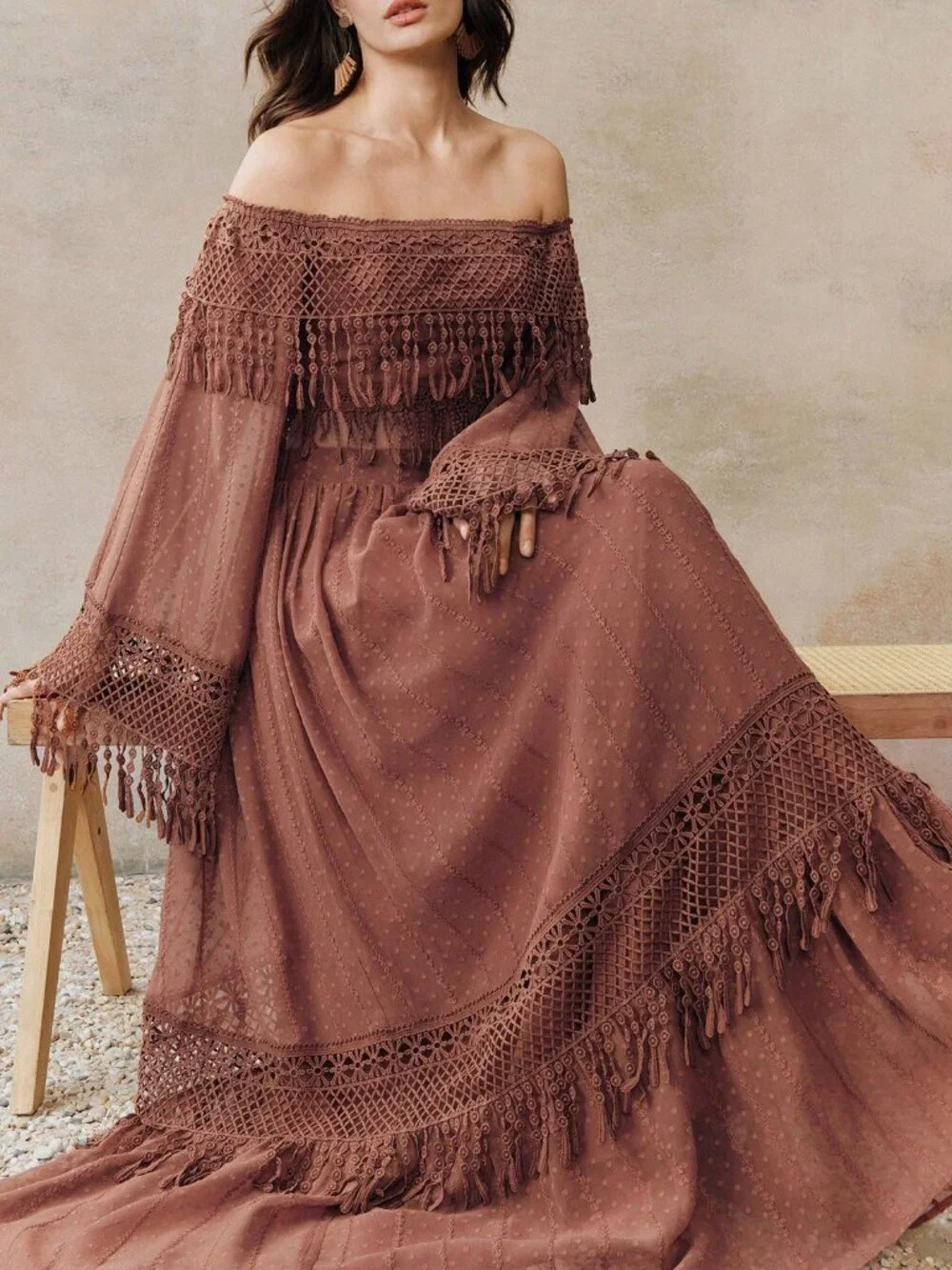 Boho brown Women's Off Shoulder fringe deailed top w/ skirt 2-Piece Set - Picture 3 of 7